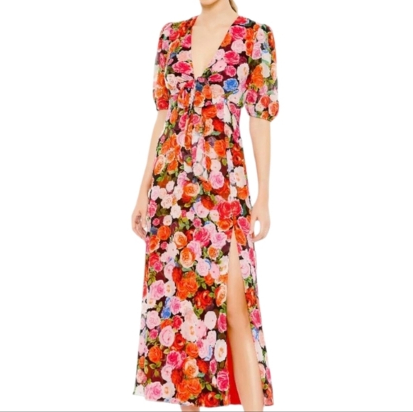 Ieena Mac Duggal Multicolor Floral Print Front Tie Puff Sleeve Flowy Midi dress - Picture 1 of 8